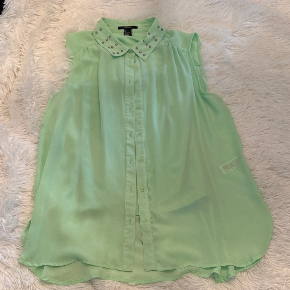 Forever 21 Light Green Sleeveless Blouse with Studded Collar